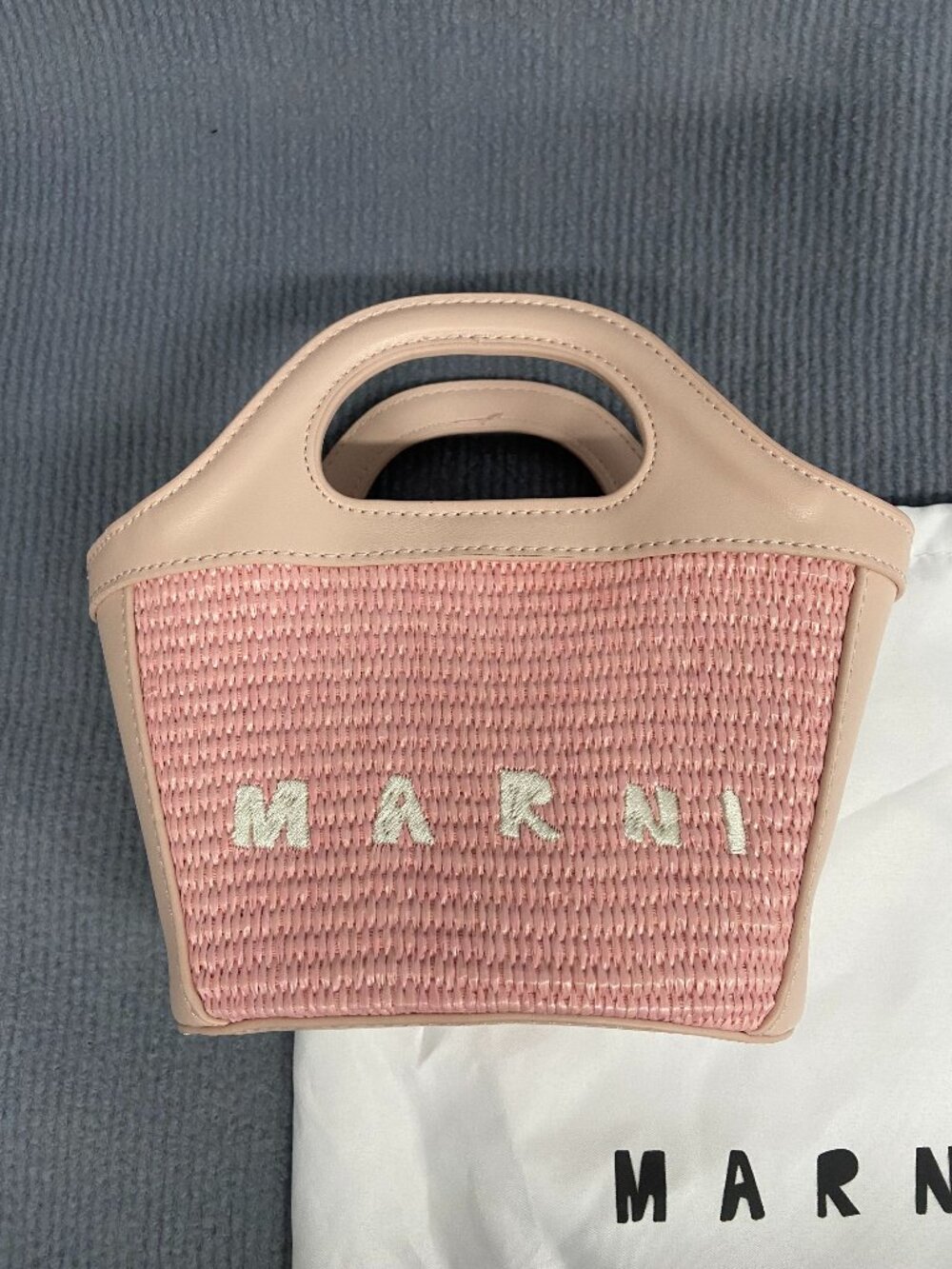 🌸Marni Blush Pink Raffia Mini Bucket Bag Leather Trim Removable Crossbody Strap